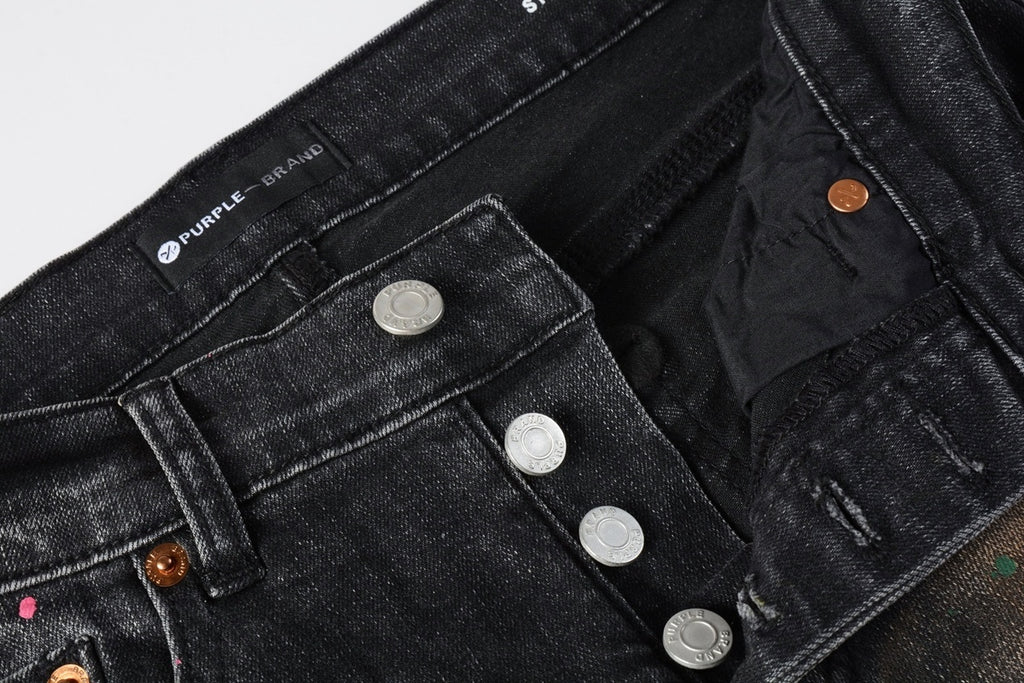 American Vintage Men's Distressed Dark Gray Skinny Jeans with Spray Paint & Ripped Holes