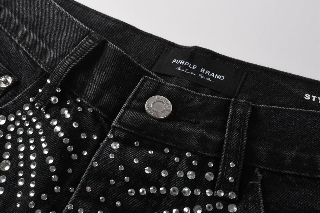 Men's Distressed Black Denim Shorts with Rhinestones, Ripped Holes & Loose Fit
