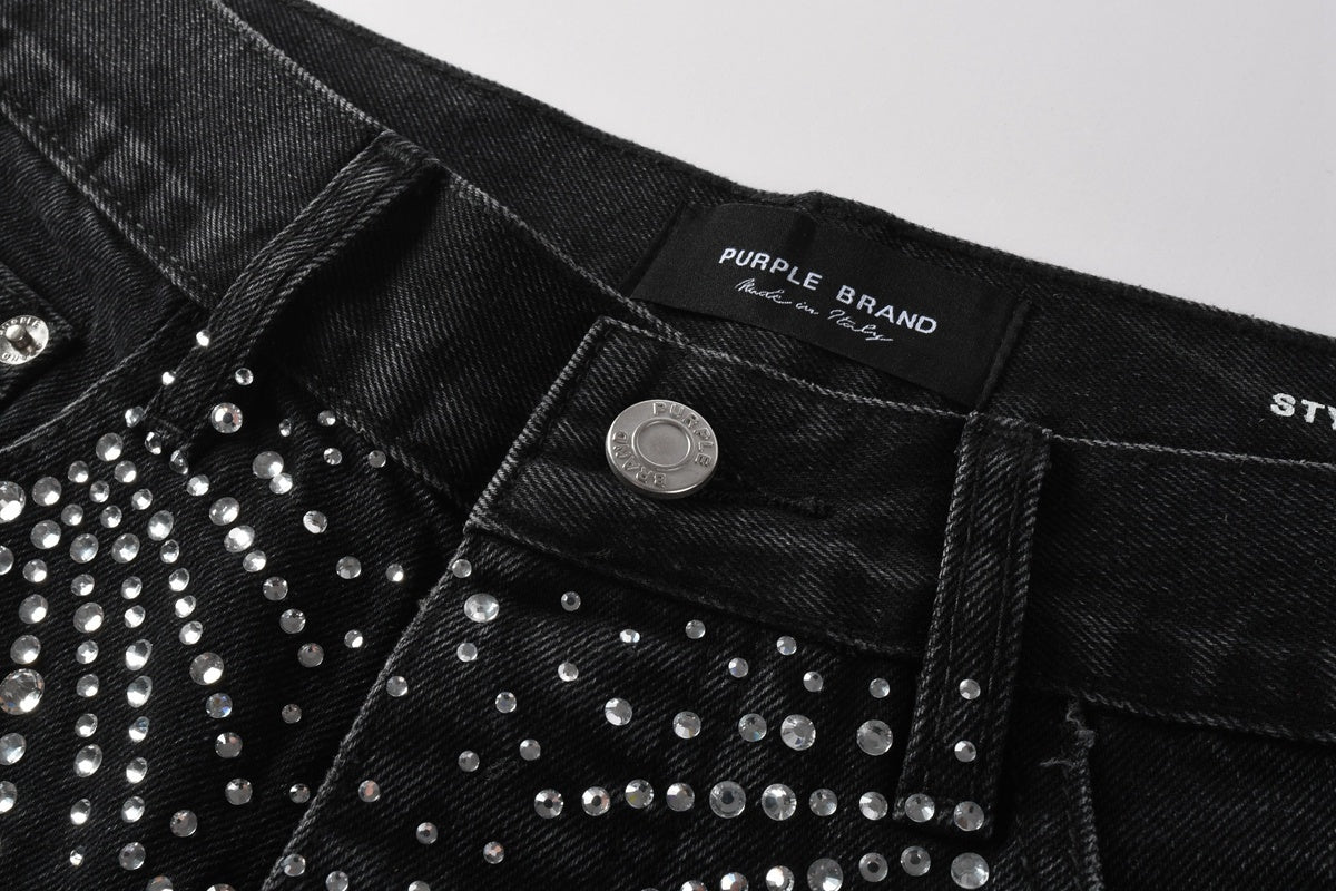 Men's Distressed Black Denim Shorts with Rhinestones, Ripped Holes & Loose Fit