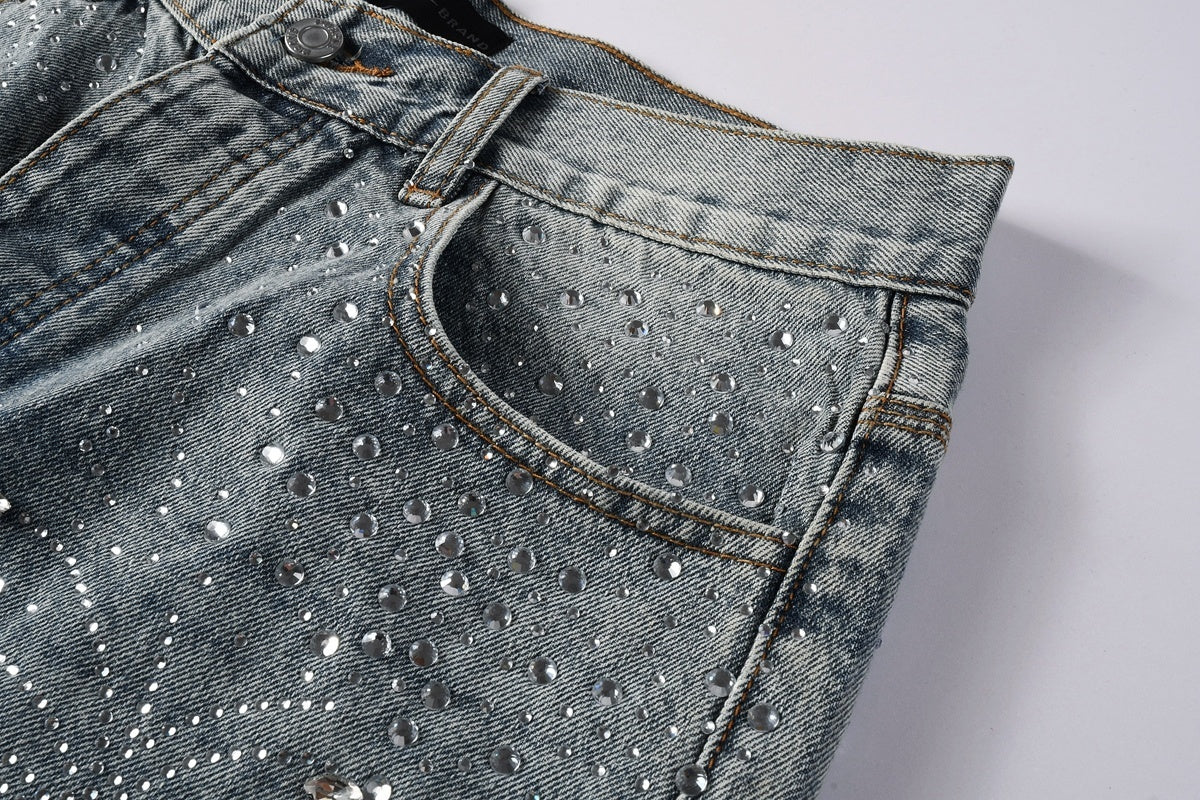 Men's Washed Distressed Blue Denim Shorts with Rhinestones, Ripped Details & Loose Fit