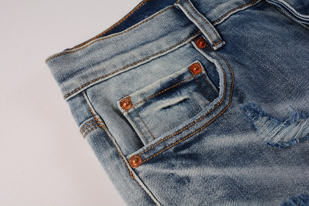 Men's Slim Fit Streetwear Distressed Light Blue Destroyed Holes Patchwork Stretch Ripped Jeans