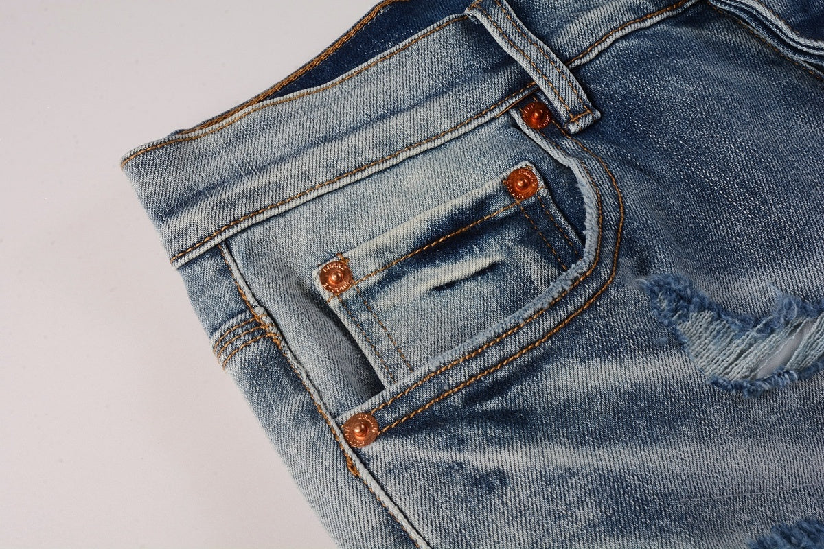 Men's Slim Fit Streetwear Distressed Light Blue Destroyed Holes Patchwork Stretch Ripped Jeans