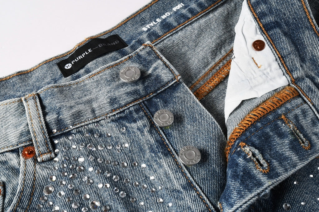 Men's Distressed Vintage Blue Denim Shorts with Rhinestones & Ripped Detailing