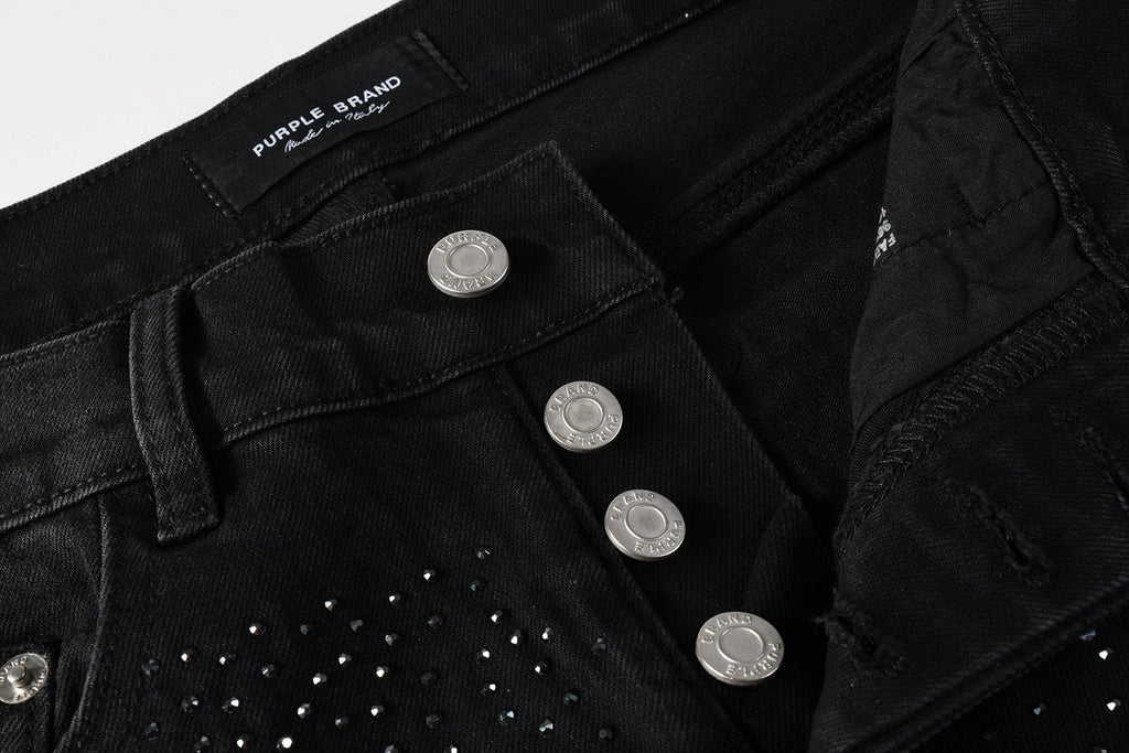 Men's Distressed Black Skinny Jeans with Ripped Holes, Rhinestones & Button Fly
