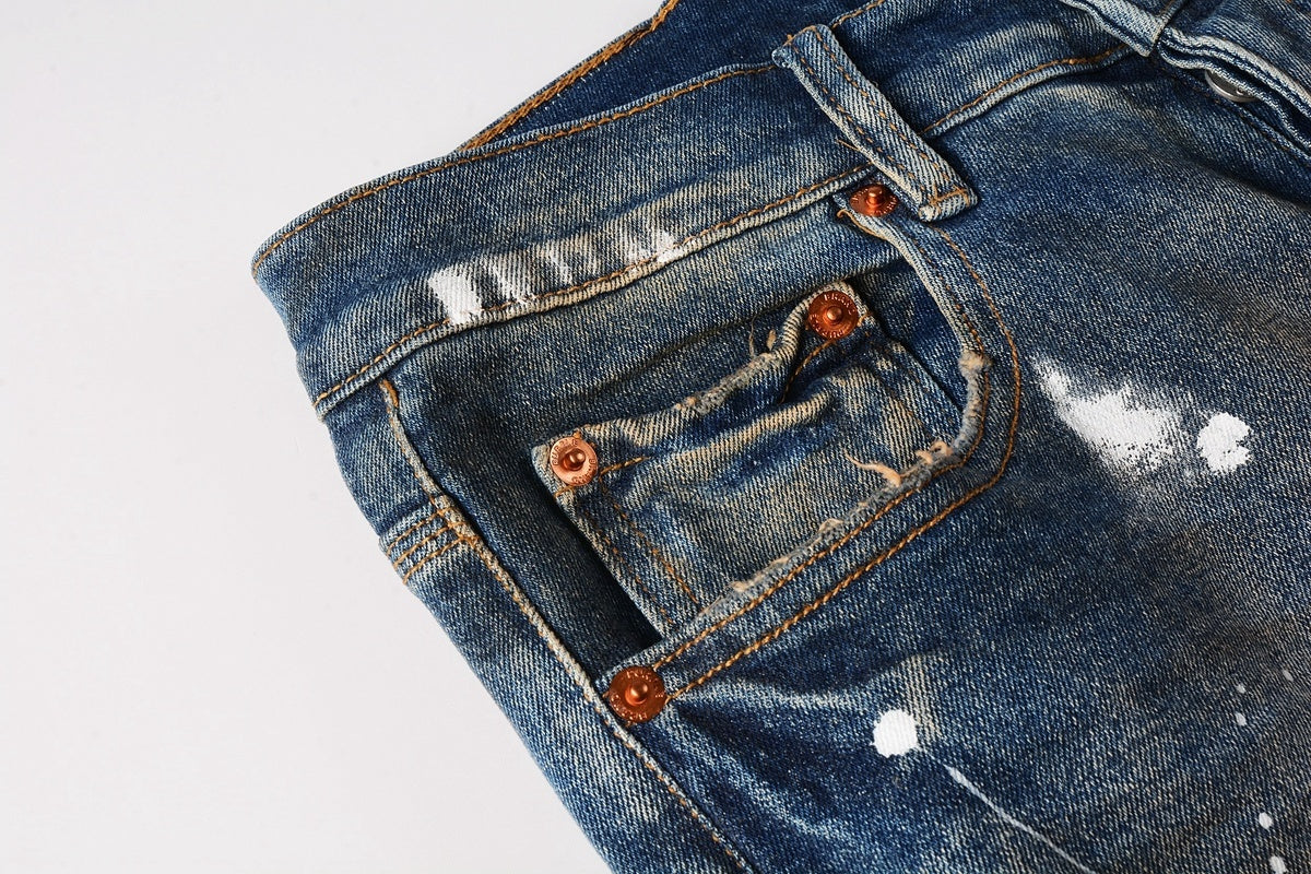 Men's Blue High Street Distressed Dirty Damaged Holes Stretch Slim Fit Ripped Jeans