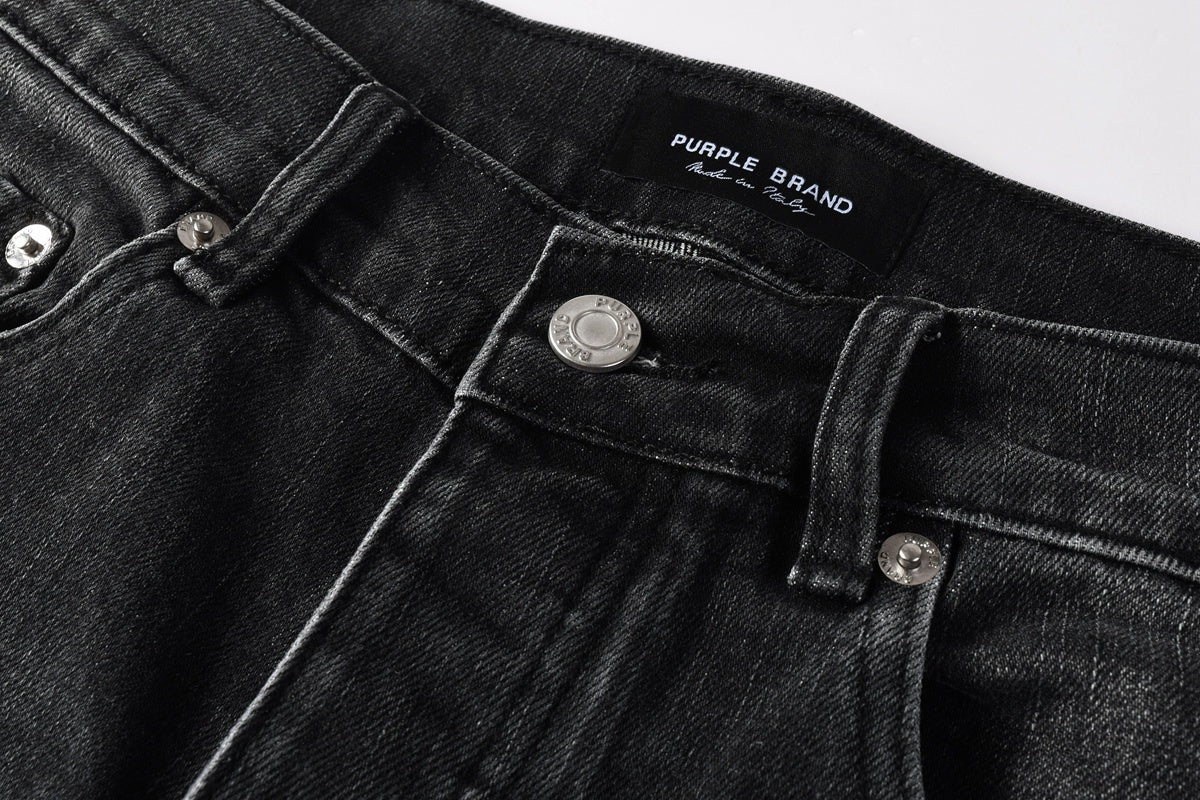 Men's Distressed Black Gray Skinny Jeans with Patchwork, Ripped Holes & Button Fly