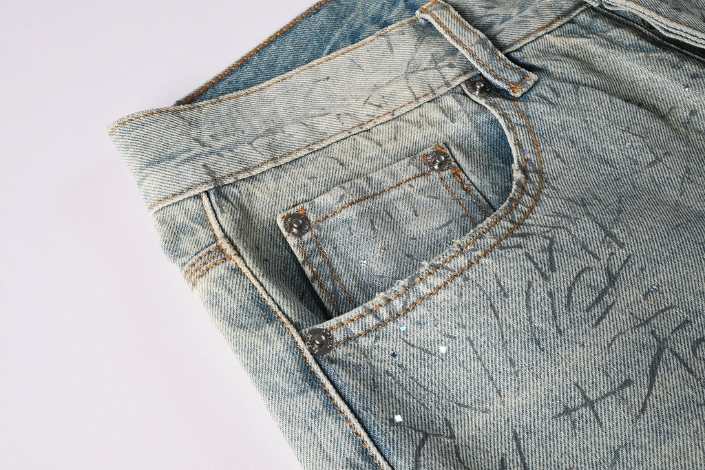 Men's Washed Distressed Blue Baggy Jeans with Rhinestones & Loose Fit