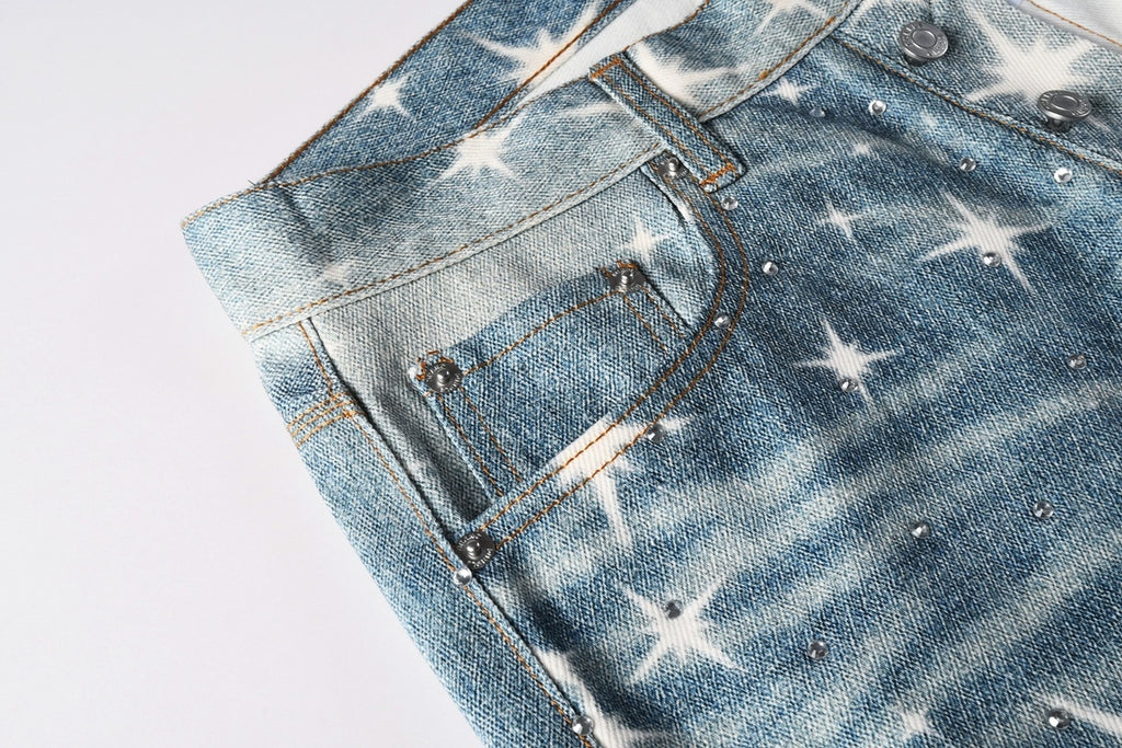 Distressed Blue Rhinestones Baggy Jeans - Printing Patterns & Loose Ripped Denim