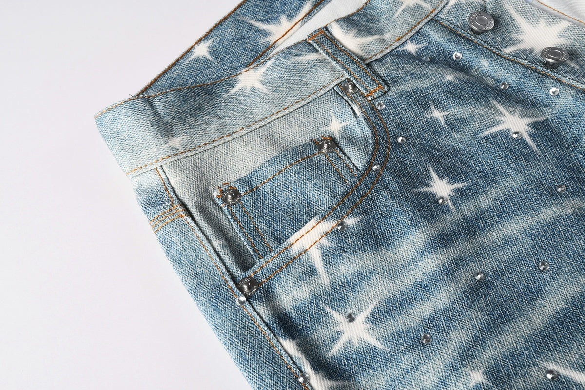 Distressed Blue Rhinestones Baggy Jeans - Printing Patterns & Loose Ripped Denim