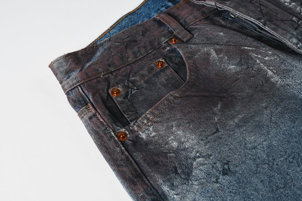 Men's Distressed Blue Coated Baggy Jeans with Graffiti Design & Stretch Fit