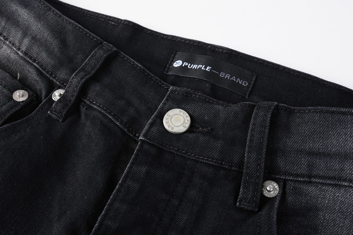 Men's Distressed Black Skinny Jeans with Bandanna Patchwork, Ripped Holes & Button Fly