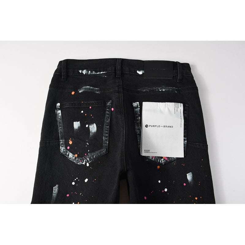 Men's Black Paint Splatter Distressed Skinny Jeans | Streetwear Ripped Slim Fit Denim Pants