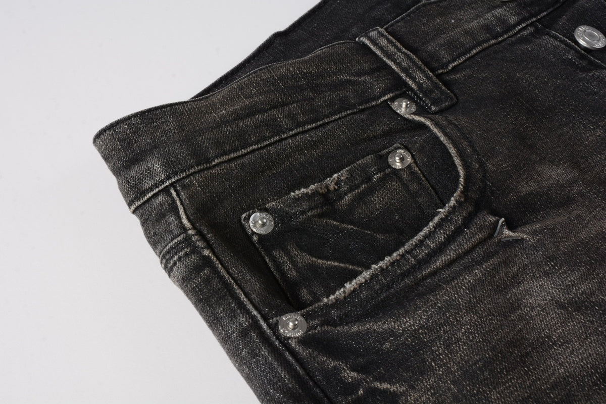 Men's Distressed Black Gray Patchwork Skinny Jeans with Ripped Holes & Button Fly