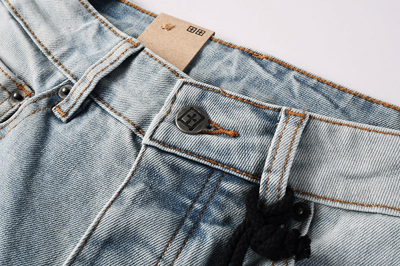 Men's Ksubi-Style Light Wash Rhinestone Logo Skinny Jeans - Streetwear Denim