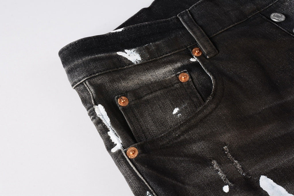 Men's High Street Distressed Damaged Holes Stretch Slim Fit Spray Painted Ripped Jeans