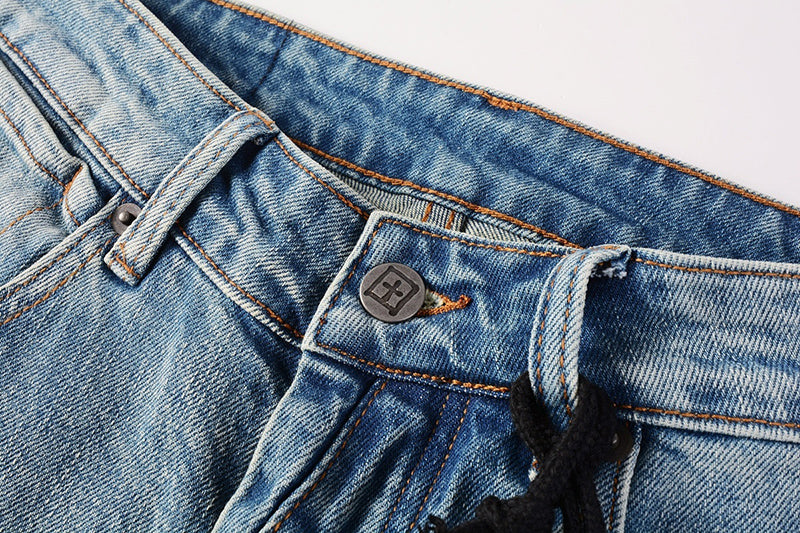 Men’s Ksubi Style Light Blue Patchwork Distressed Skinny Jeans Streetwear Denim