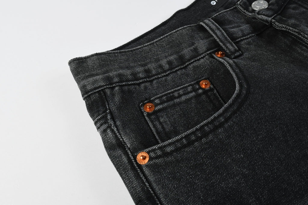 Men's Distressed Black Gray Loose Fit Jeans with Ripped Holes & Button Fly