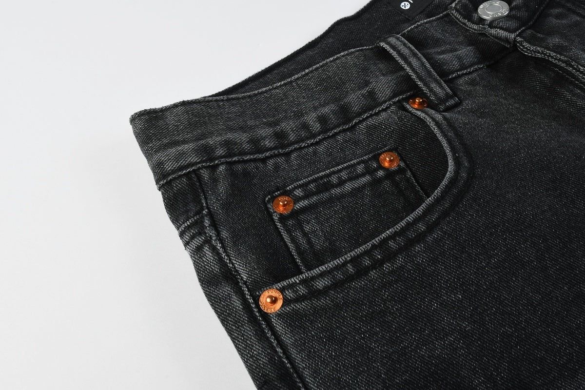 Men's Distressed Black Gray Loose Fit Jeans with Ripped Holes & Button Fly
