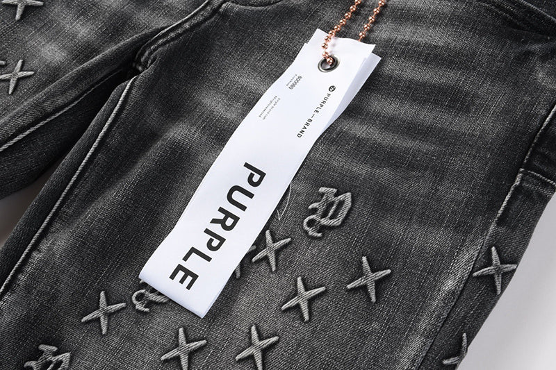 Men's Black Washed Embroidered Cross & Logo Skinny Jeans | Streetwear Slim Fit Denim Pants