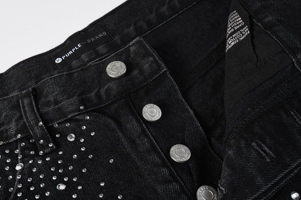 Men's Distressed Black Denim Shorts with Rhinestones, Ripped Holes & Raw Hem