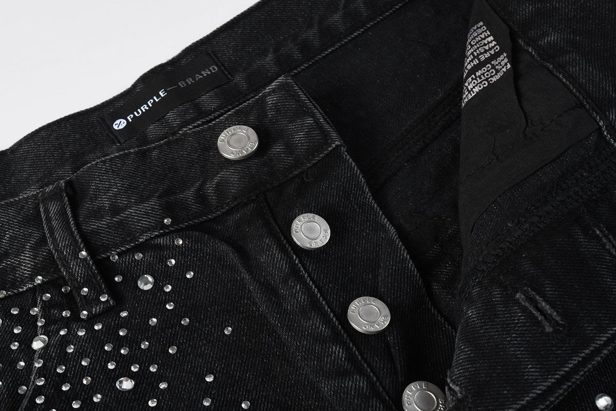 Men's Distressed Black Denim Shorts with Rhinestones, Ripped Holes & Raw Hem