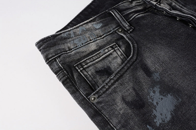 Men's Black Gray Washed Distressed Skinny Jeans - Streetwear Ripped Denim Pants