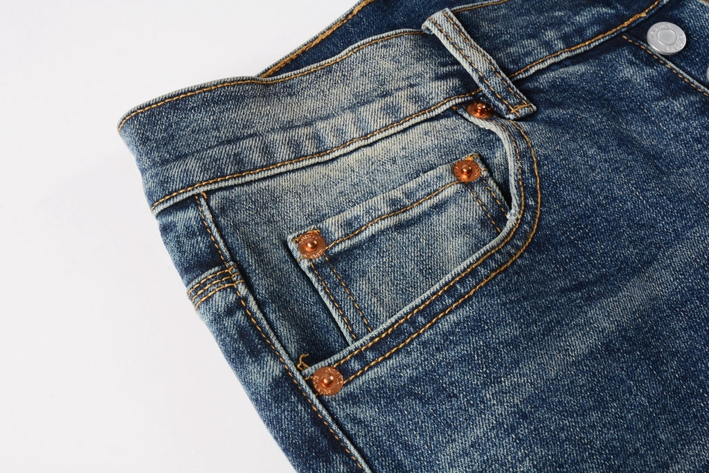 Men's Distressed Dark Blue Skinny Jeans with Button Fly & Ripped Detailing