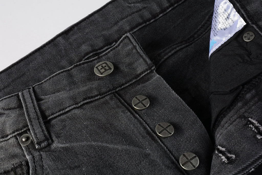 Men's Grey Wash Patchwork Distressed Skinny Jeans - Stretch Denim