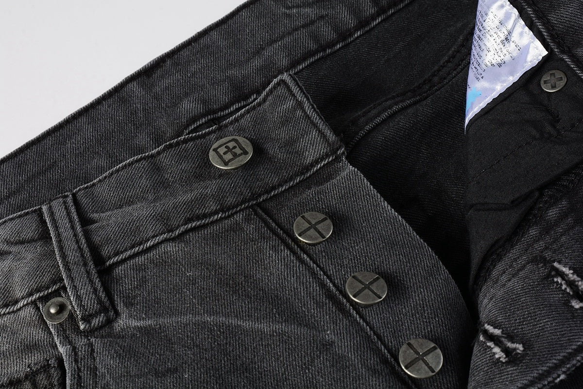 Men's Grey Wash Patchwork Distressed Skinny Jeans - Stretch Denim