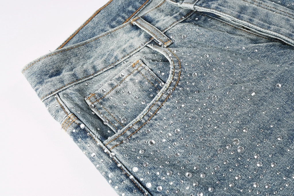 High Street Baggy Jeans - Distressed Blue Rhinestones Pattern | Loose Ripped Jeans