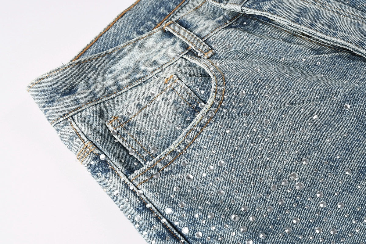 High Street Baggy Jeans - Distressed Blue Rhinestones Pattern | Loose Ripped Jeans