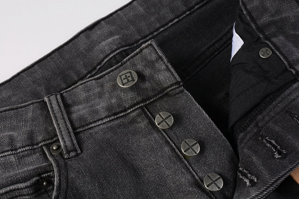 Men's Grey Wash Bandana Patch Distressed Skinny Jeans - Stretch Denim