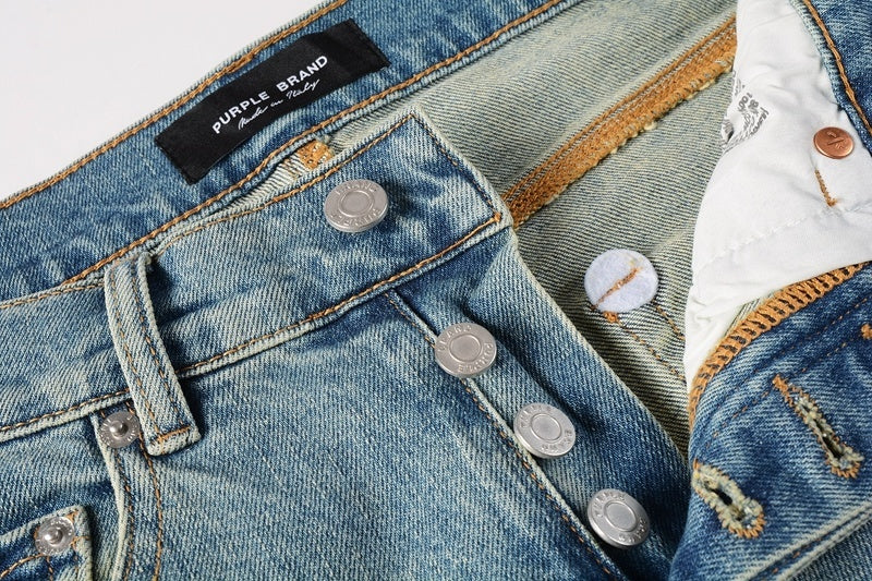 Slim Fit American Men's Distressed Blue Skinny Jeans with Ripped Holes & Button Fly