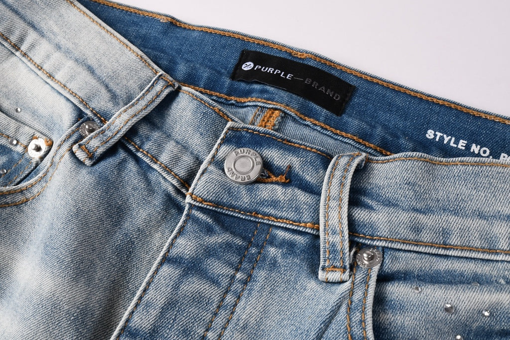 Men's Distressed Light Indigo Skinny Jeans with Transparent Rhinestones & Ripped Holes
