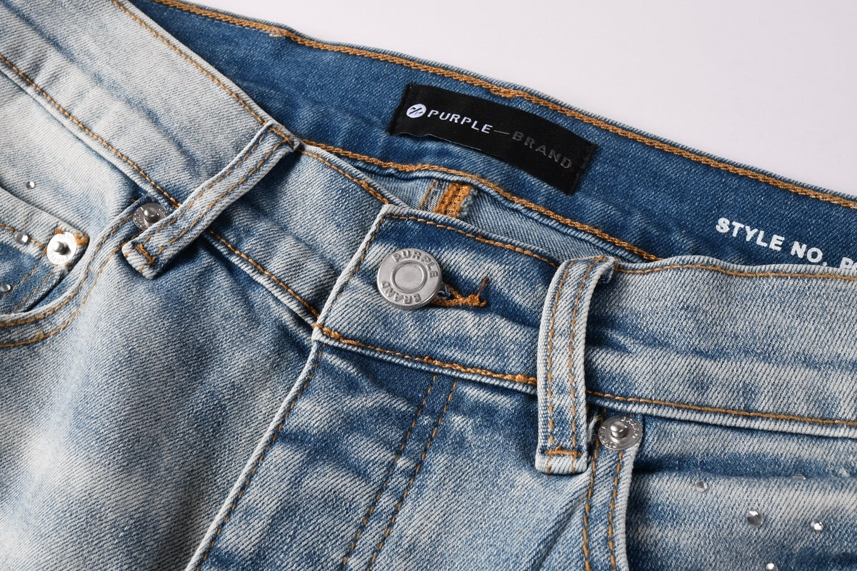 Men's Distressed Light Indigo Skinny Jeans with Transparent Rhinestones & Ripped Holes