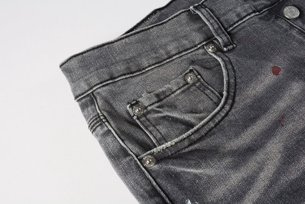 Men's Distressed Gray Graffiti Skinny Jeans with Ripped Holes & Button Fly