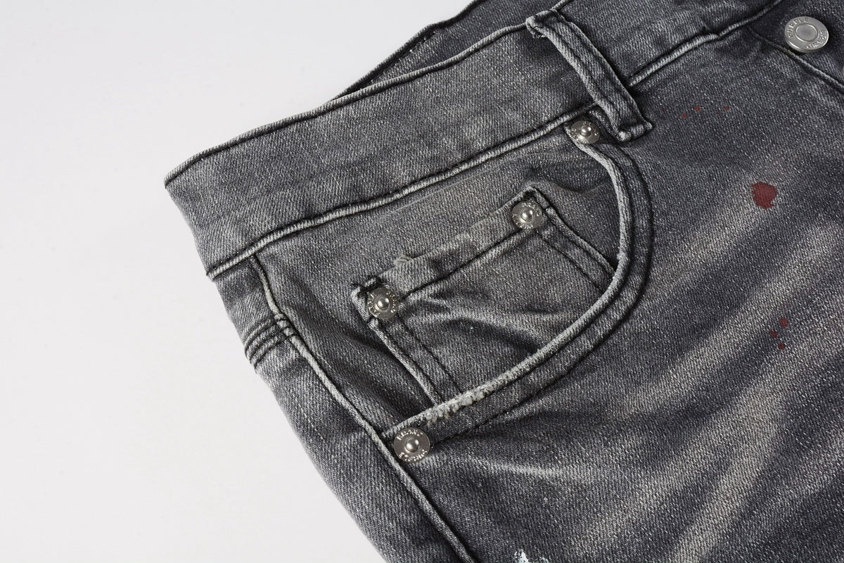 Men's Distressed Gray Graffiti Skinny Jeans with Ripped Holes & Button Fly