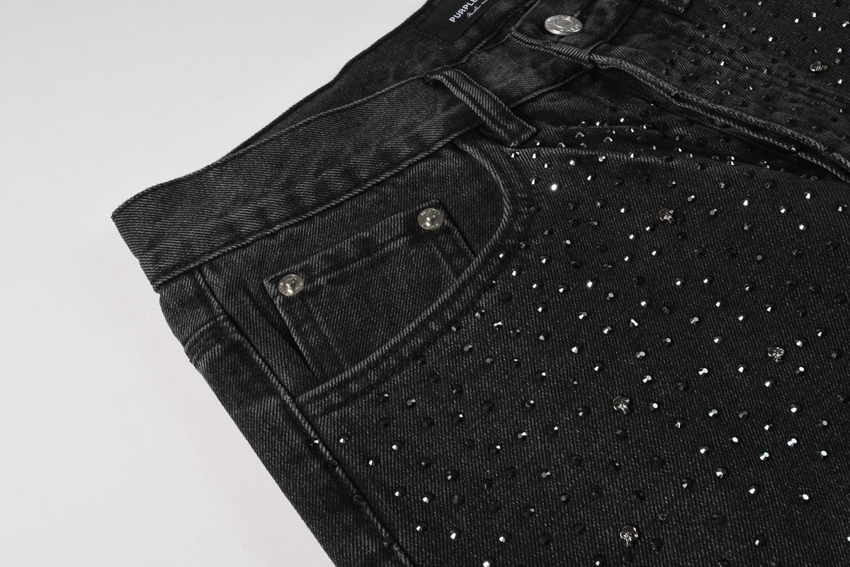 Men's High Street Fashion Black Distressed Baggy Jeans with Rhinestone Detailing & Loose Fit