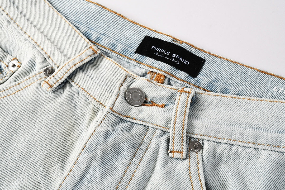 Men's Wide Leg Distressed Blue Jeans with Bandanna Patchwork, Ripped Holes & Button Fly