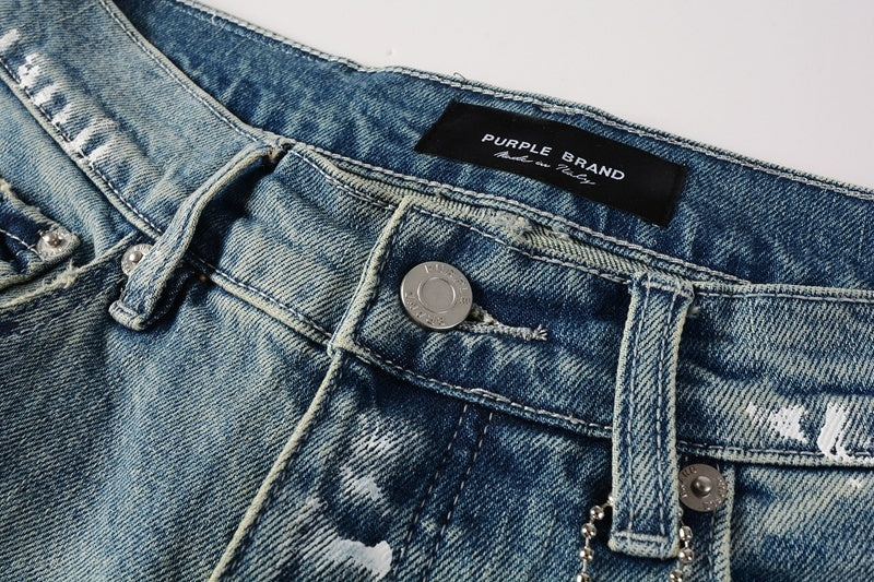 Men's Distressed Light Blue Graffiti Ripped Skinny Jeans with Button Fly & Damaged Holes