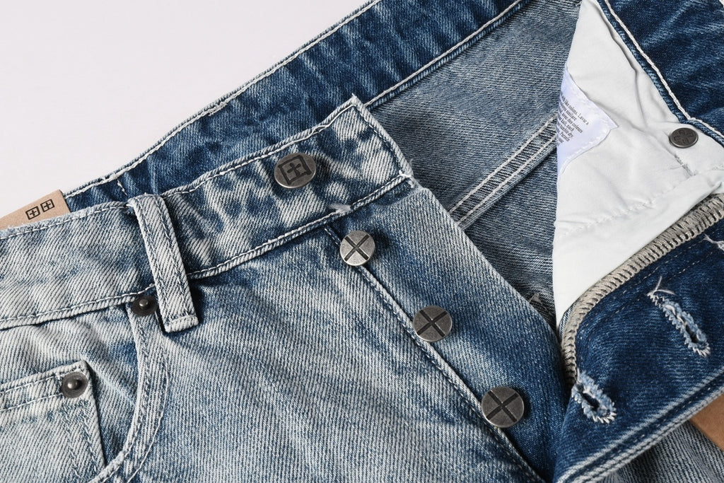 Men’s Light Wash Baggy Jeans - Cross Embroidered Loose Denim