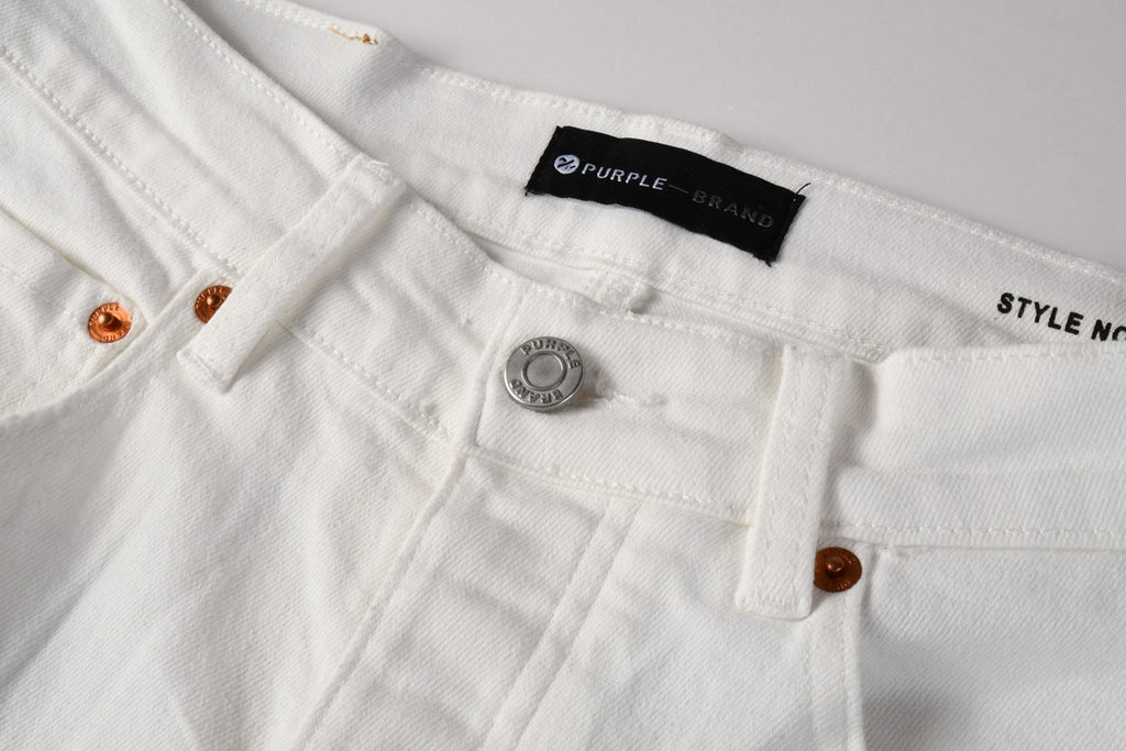 Men's Distressed White Beige Skinny Jeans with Ripped Holes & Button Fly