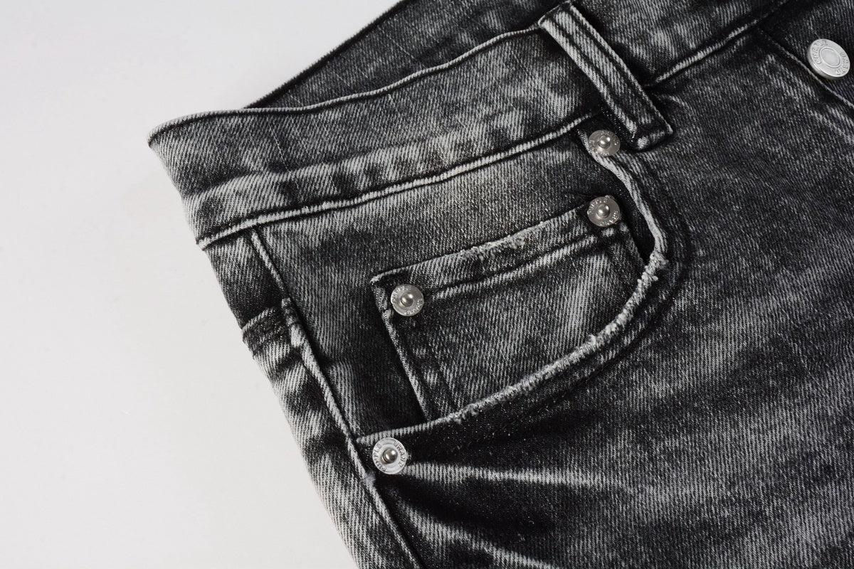 Men's Distressed Ash Gray Skinny Jeans with Ripped Holes & Button Fly