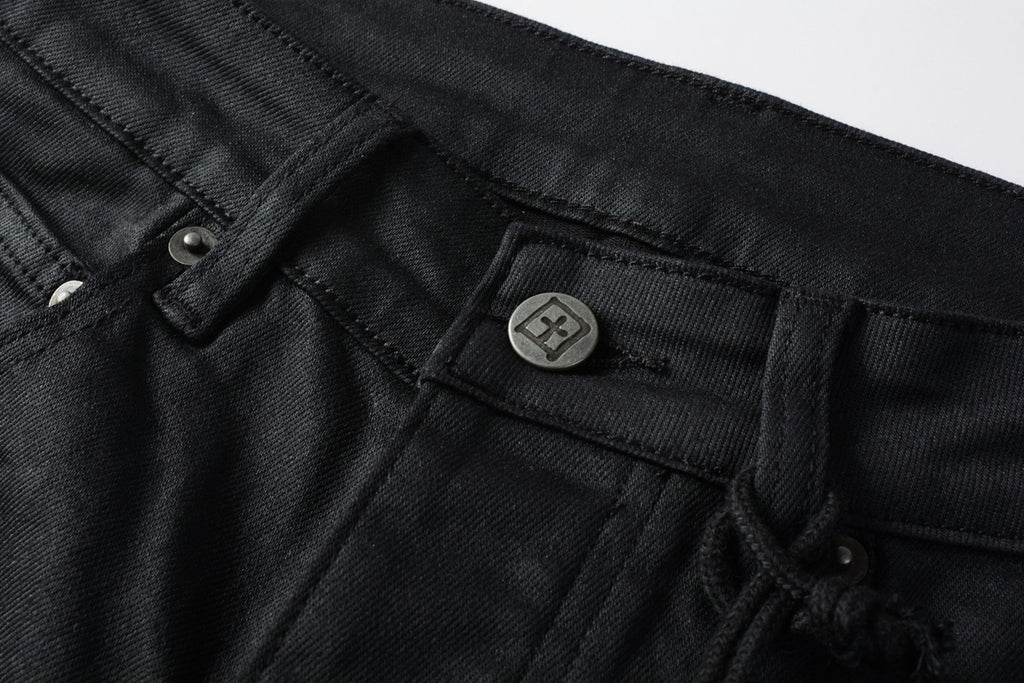 Men's Black Coated Embroidered Distressed Skinny Jeans - Stretch Denim