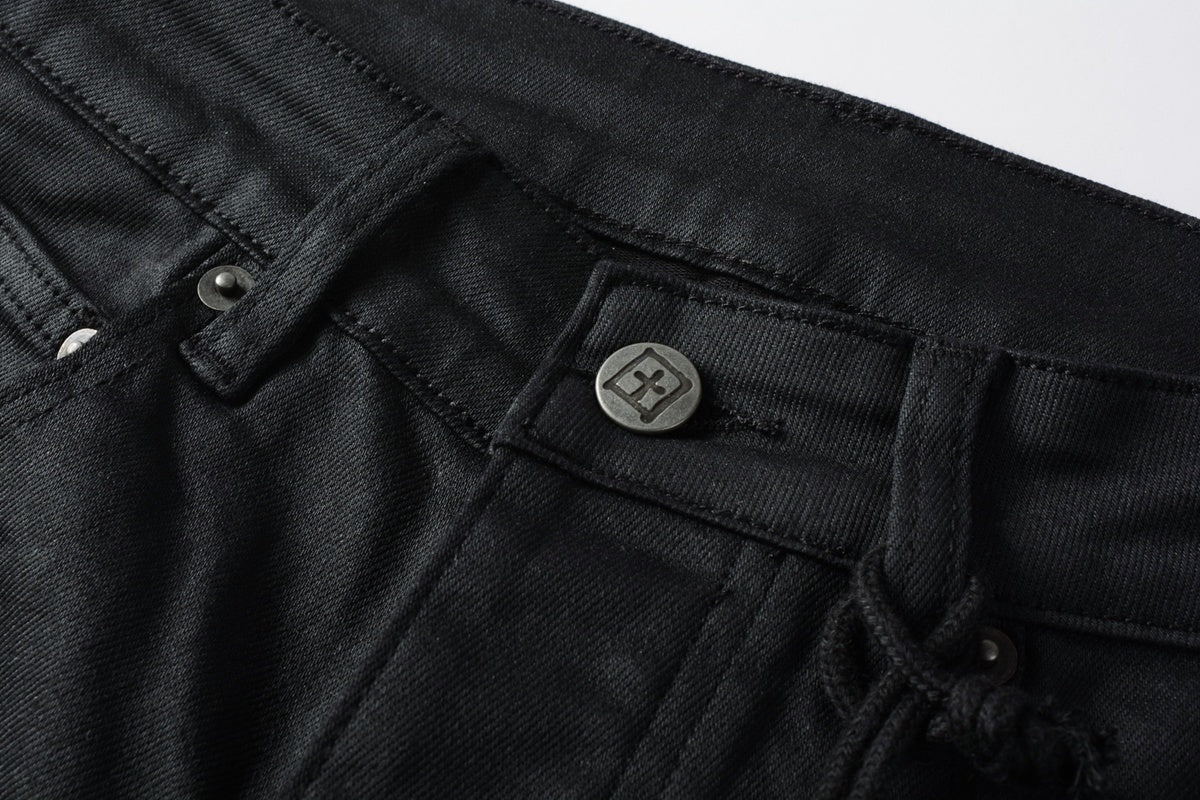 Men's Black Coated Embroidered Distressed Skinny Jeans - Stretch Denim