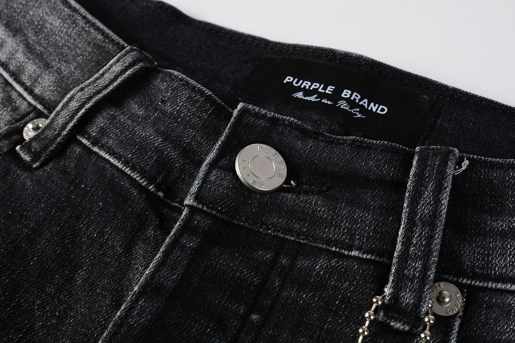 Men's Distressed Black Gray Skinny Jeans with Ripped Holes & Button Fly