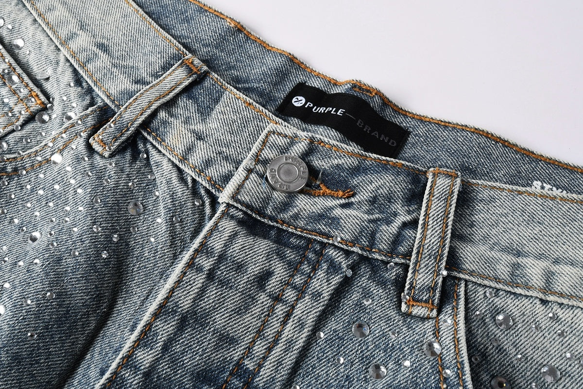 Men's Washed Distressed Blue Denim Shorts with Rhinestones, Ripped Details & Loose Fit