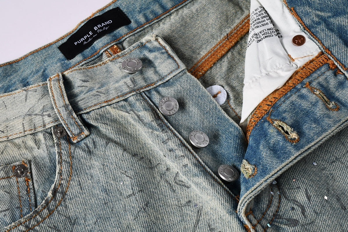 Men's Washed Distressed Blue Baggy Jeans with Rhinestones & Loose Fit