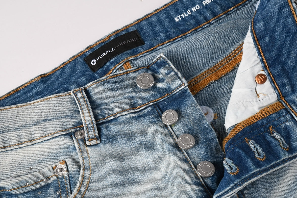 Men's Distressed Light Indigo Skinny Jeans with Transparent Rhinestones & Ripped Holes