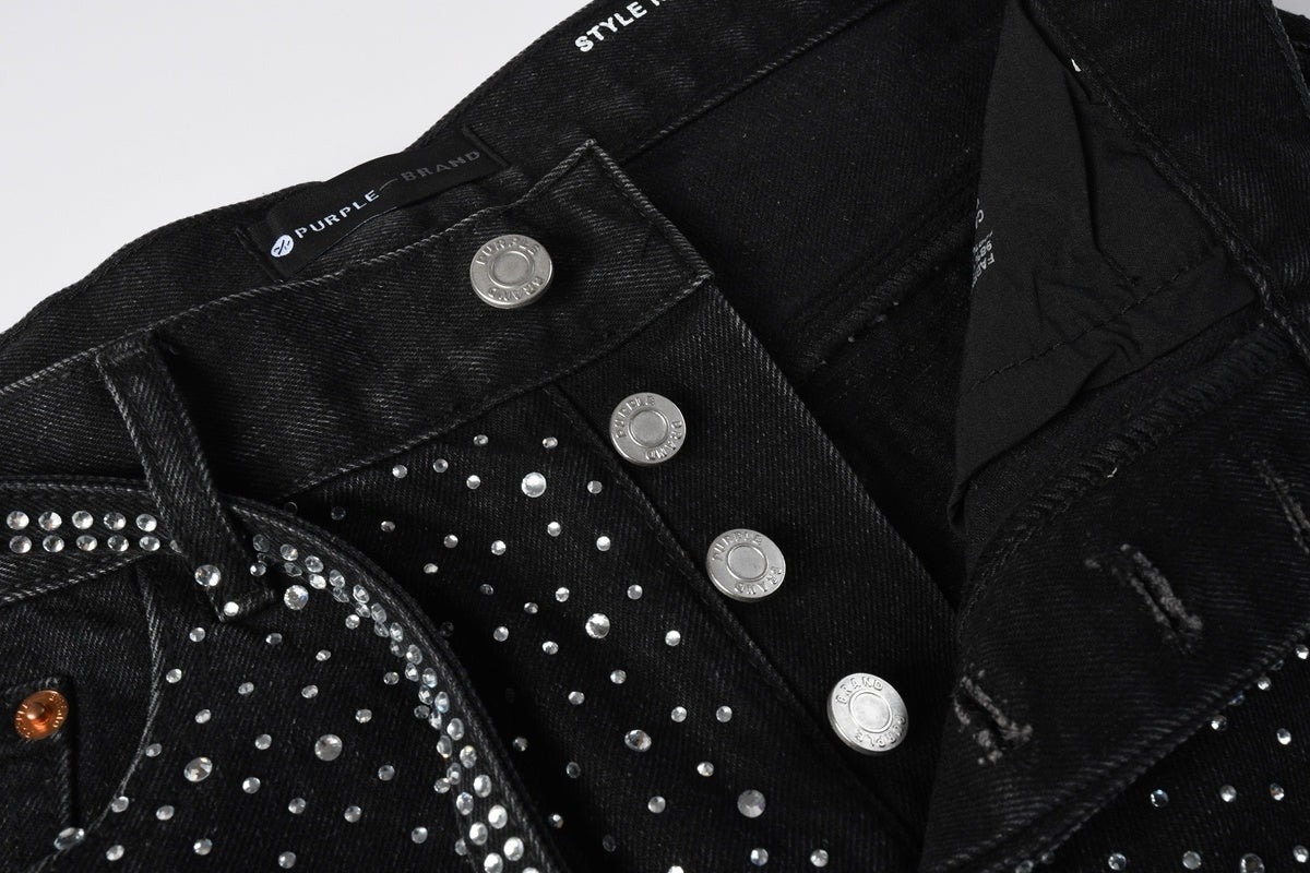 Men's Distressed Black Denim Shorts with Rhinestones, Ripped Detailing & Loose Fit